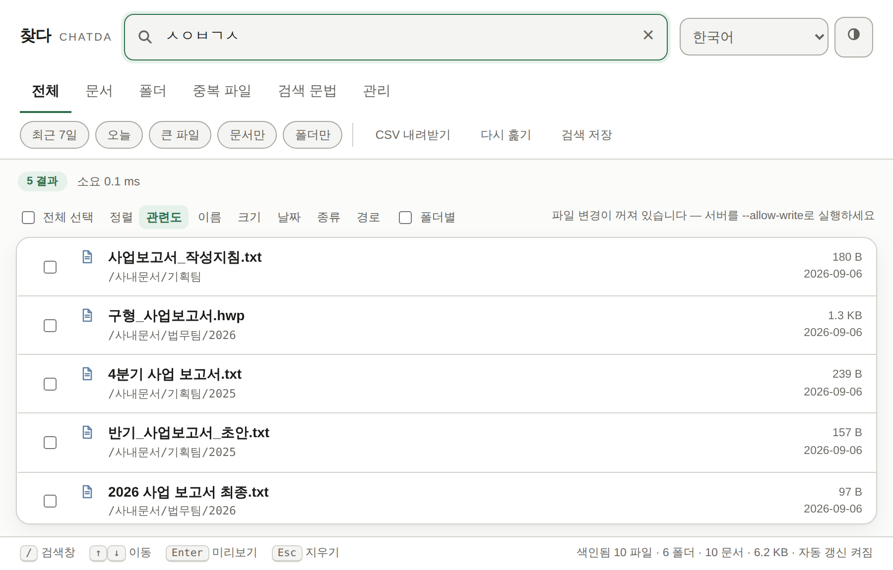 초성 ‘ㅅㅇㅂㄱㅅ’으로 검색한 화면. 사업보고서_작성지침.txt, 구형_사업보고서.hwp, 4분기 사업 보고서.txt 등 붙여 쓴 이름과 띄어 쓴 이름이 함께 5개 나와 있다.